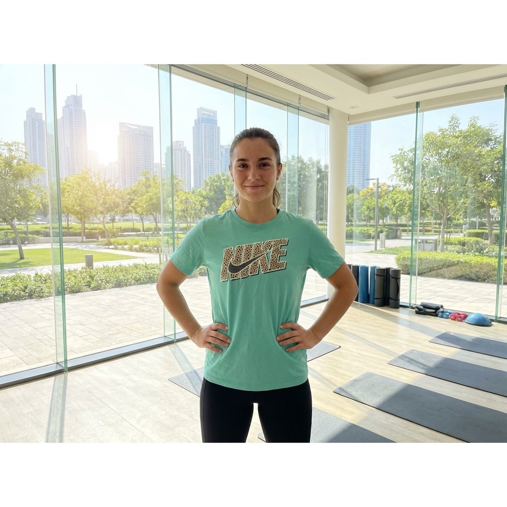 Nike Womens Tee Shirt Aqua‎ Leopard Print Logo Casual Athleisure Size L casual